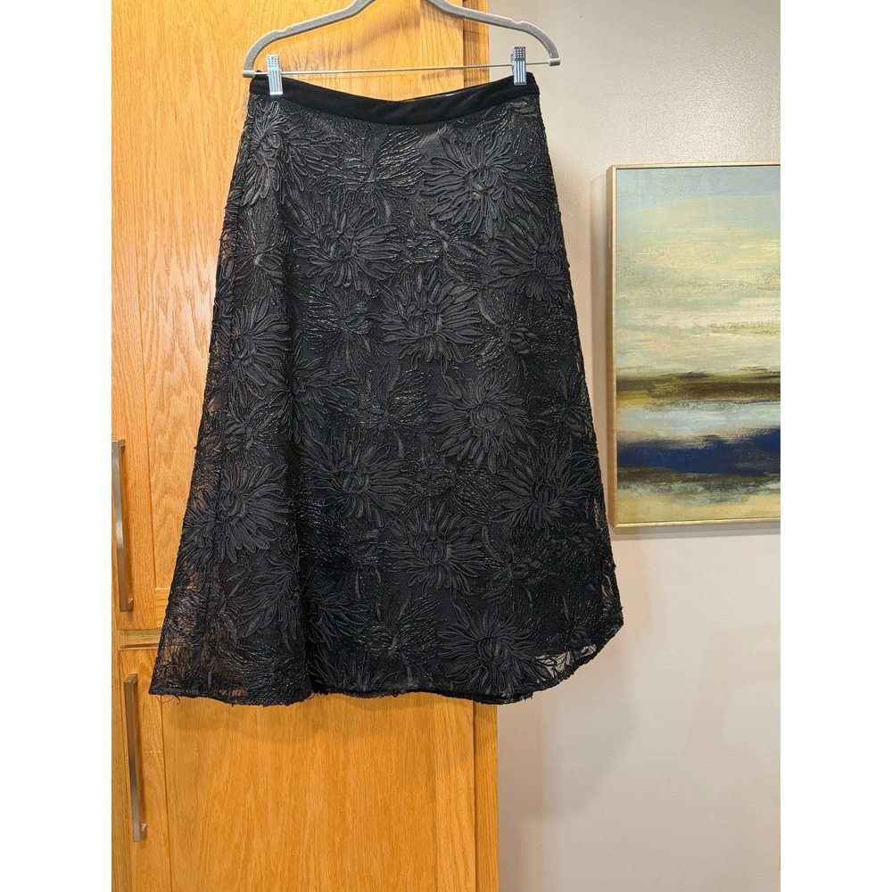 Eva Franco Beaded Black Floral Midi Skirt Velvet Waistband A-Line Size 6 Luxury - Picture 3 of 7